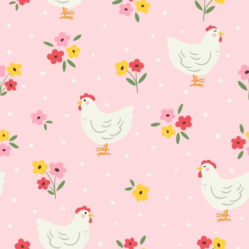White chickens with red and yellow florals on pink 