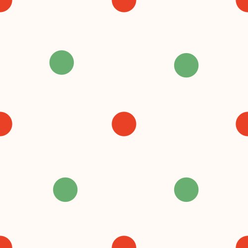 Seamless festive polka dot pattern with red and green dots scattered across a soft cream background