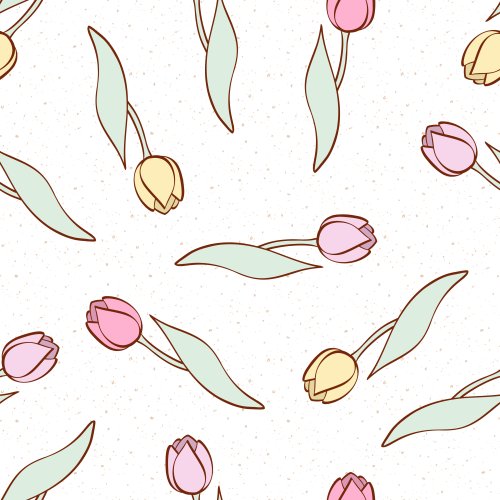 Fabric design with pastel colored tulip flowers on white background