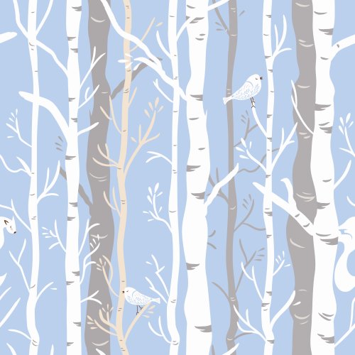 Birch trees with squirrels and birds create a detailed vertical stripe.
