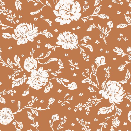 A vintage inspired floral print of white peonies on a rust background