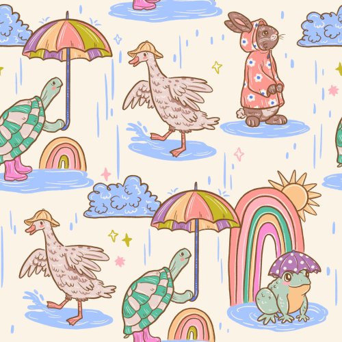 Animals playing the puddles, a hand drawn pattern by Tylee Hansen