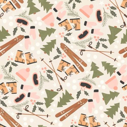 Pattern featuring skis, ski poles, boots, pink mittens, wool hats, evergreen trees, and holly sprigs scattered across a cream background with white snow dots.