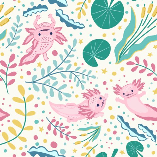 Pink axolotls swimming among stylised aquatic plants, lily pads, reeds and scattered yellow stars and dots on a cream background.