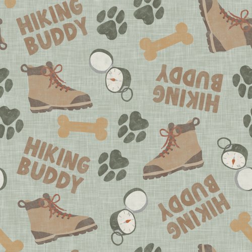 Hiking Buddy pattern featuring dog paws, hiking boots, and a compass on a soft sage background. 