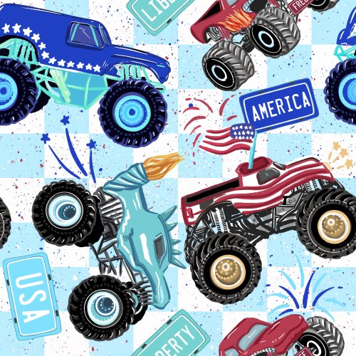whimsical American patriotic monster trucks for kids with license plates