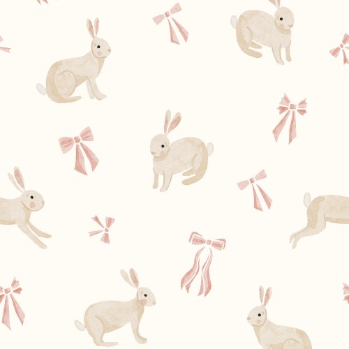 Watercolor bunnies and bows on a simple background.