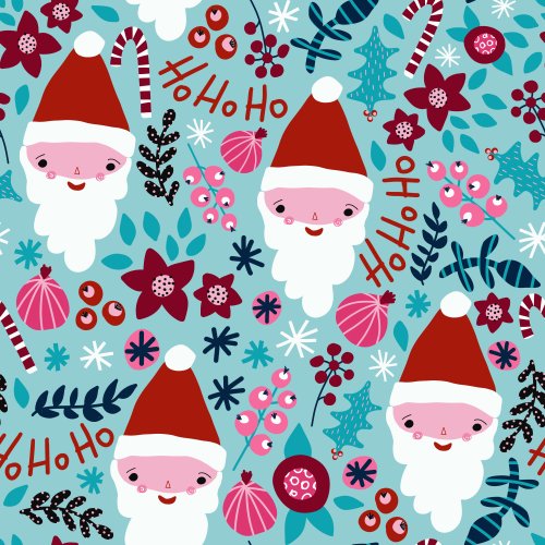 santa faces and christmas floral on teal background