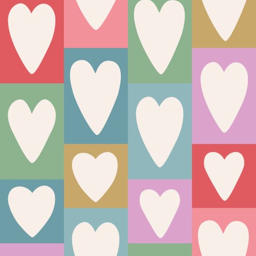 fabric design with multicolor blocks and hearts