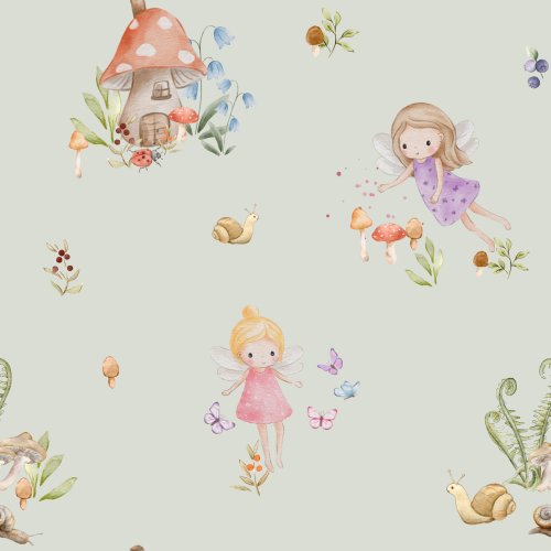 Forest fairies with toadstools, ferns and snails, in mint.