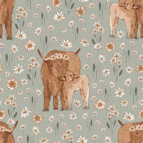Highland cow and calf on a green background with soft whimsical strewn wildflowers