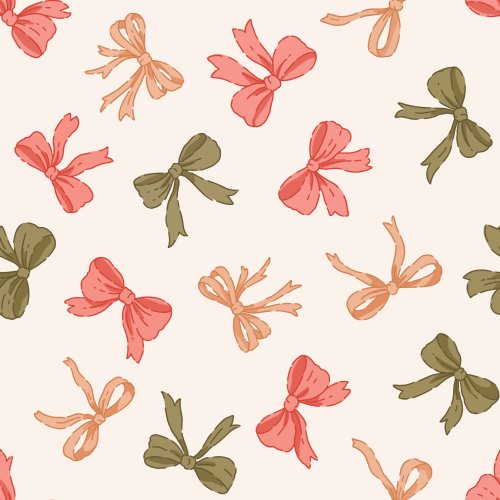A sweet tossed repeat of hand-drawn ribbon bows on a warm ivory ground, mixing coral pink, dusty rose, peach-beige, and olive/sage greens.