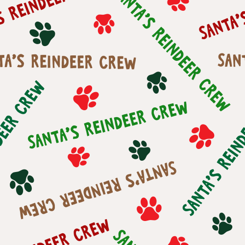 Scattered text Santa's Reindeer Crew with paw prints