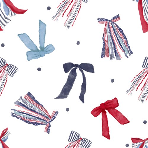 tossed watercolor bow pattern patriotic for 4th of July red white and blue
