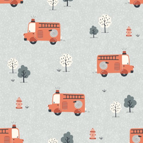 muted red firetrucks and trees