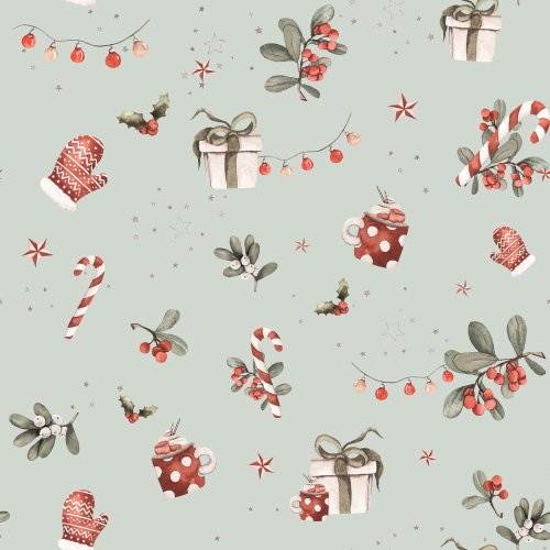 christmas presents, holly, mittens, hot cocoa