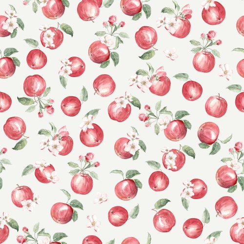 Red Watercolor Apples and Blossoms on offwhite