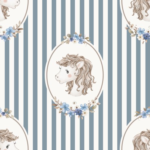 Hand drawn cute horse in floral frame with stripes.