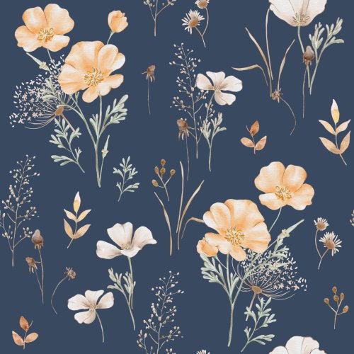 California poppies in meadow, in navy blue.