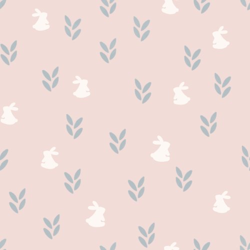Cream bunnies scattered on a pastel pink background with some leafy elements