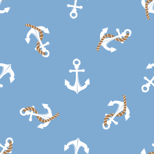 Tossed boat anchors, rope on blue 