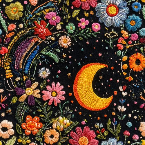fall embroidered floral and moon