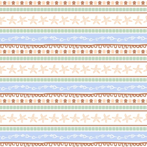 Mediterranean Summer Boho Horizontal Coastal Stripes with sea shells, starfish and rustic stripes in boho brown, blues and peach 