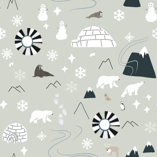 A whimsical and snowy winter design with igloos, arctic animals, northern lights, and gender neutral colors.