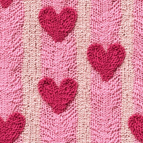 red knitted hearts on white and pink background