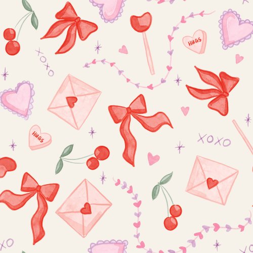 Watercolor Valentine girly bows, hearts and love notes on a solid background.