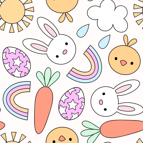 Spring fabric design with rabbits, rainbows, sun, clouds, carrots and eggs