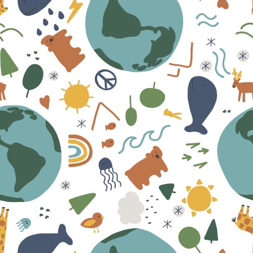 A whimsical illustration of planet earth, animals, plants, and weather in a gender neutral color palette.