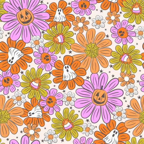 retro halloween flowers with pumpkins and ghosts