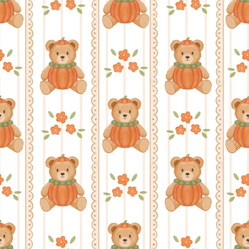 Watercolor bear wearing a pumpkin costume. Lace stripe and floral background 