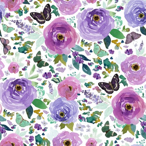 purple watercolor floral with butterflies