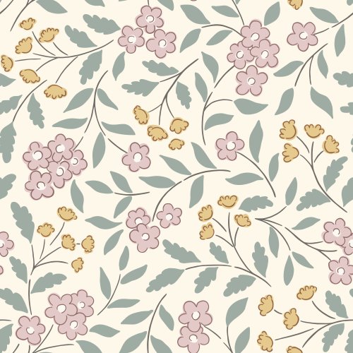 A seamless floral pattern with pastel meadow flowers, leaves, and stems scattered across a off-white background
