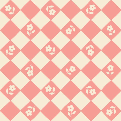 The design features a checkerboard pattern in pink and cream, interspersed with small cream floral elements.