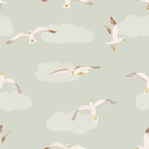 Watercolor sea gulls flying through a cloudy sky at the beach.