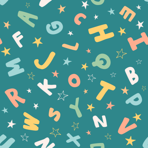 Colourful scattered alphabet letters in playful, irregular shapes surrounded by solid and outlined stars on a light blue background.