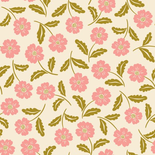Charming floral design with small, hand-drawn flowers in dusty pink, accompanied by green leaves on a cream background with dense allover layout, creating a playful and whimsical vibe