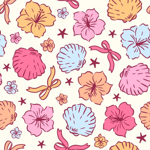 summer tropical flowers, seashells and ribbons