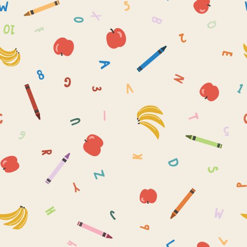 A scatter of numbers 1-10, letters a-z, crayons, apples, and bananas for back to school, as part of the ABCs & 123s collection