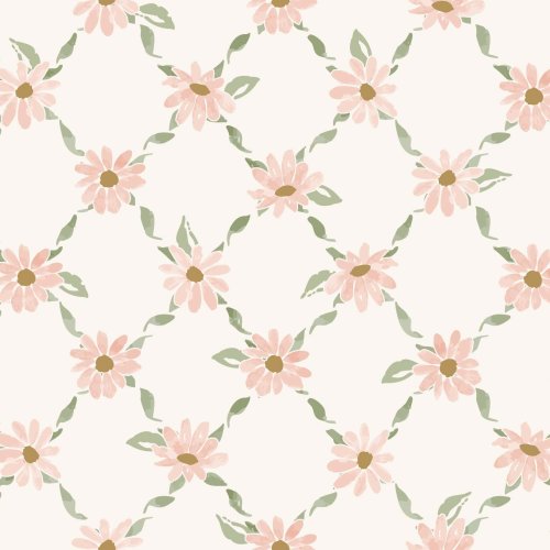 a sweet hand painted watercolor pattern with light pink daisies and a trellis of green leaves
