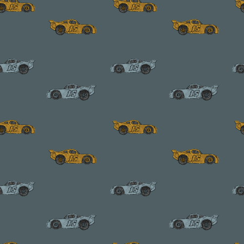 mustard yellow and dark blue race cars on a dark dusty blue background