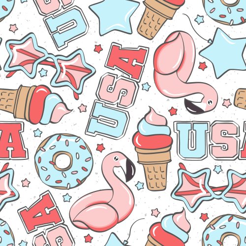 fourth of july design with flamingo floaties, ice cream cones, sunglasses and donuts