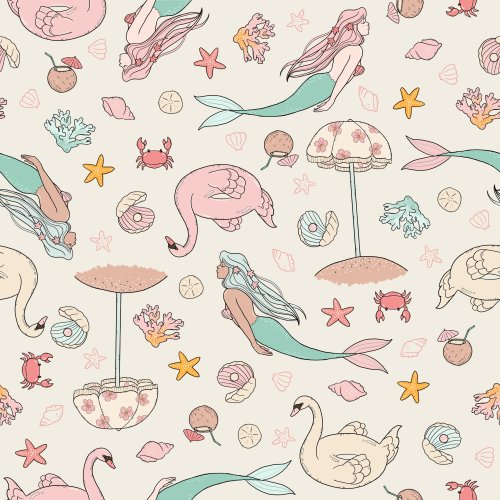 Mermaids with crabs, beach umbrellas, starfish, coral, clams, swan floaties, and seashells on a cream background.
