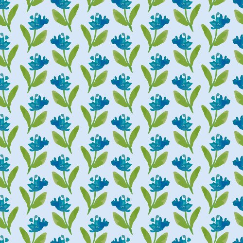 A symmetrical floral pattern with rows of upward-facing blue spring flowers and green leaves on a choice of pastel blue, pale green, or soft pink backgrounds, perfect for Easter, spring, and summer fashion. 