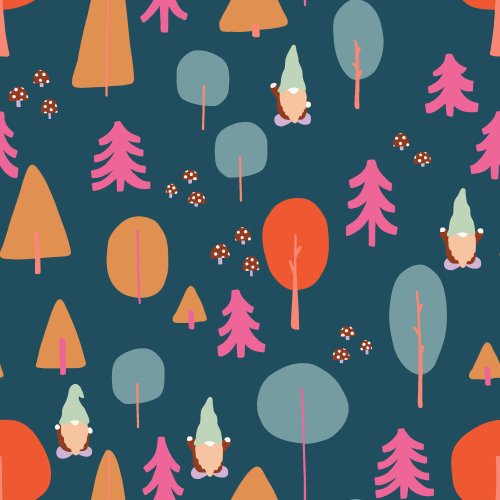 A whimsical illustration of forest trees, toadstool mushrooms, and little forest gnomes with elf hats and beards in happy colors, as part of the forest gnomes collection.
