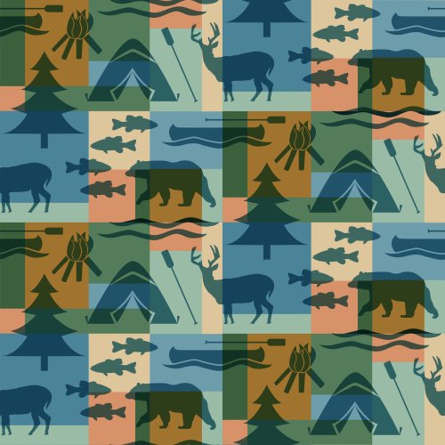 lake camping motifs overlaid on a color blocked background