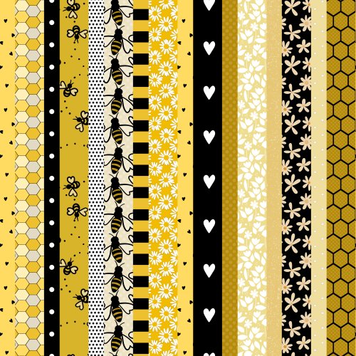 a vertical stripe collage of honeybee designs